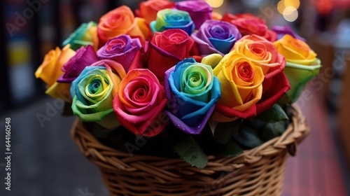 Colorful roses in a basket on wooden table. Selective focus. Mother's day concept with a space for a text. Valentine day concept with a copy space.