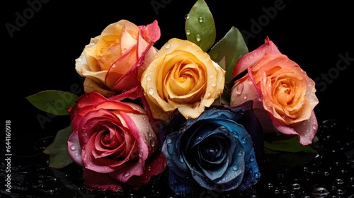 Colorful roses on a black background with water drops. Mother s day concept with a space for a text. Valentine day concept with a copy space.