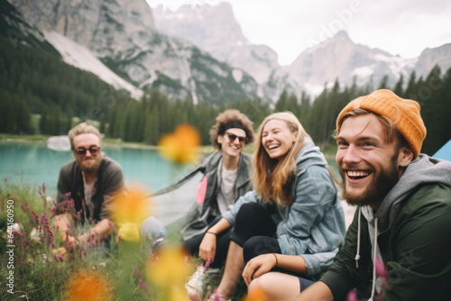 Group of backpackers sitting and resting while climbing to the Julian Alps surrounded by beautiful nature. Travel, backpacking and active lifestyle concept.