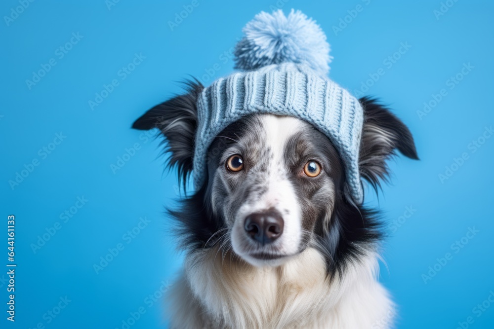 Lifestyle portrait photography of a cute border collie wearing a knit cap against a periwinkle blue background. With generative AI technology