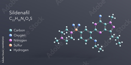 sildenafil molecule 3d rendering, flat molecular structure with chemical formula and atoms color coding photo