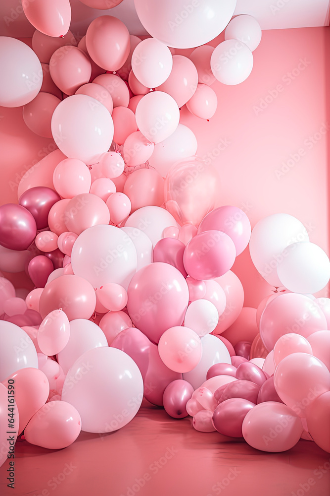 A room filled with lots of pink and white balloons. Birthday. Generative AI