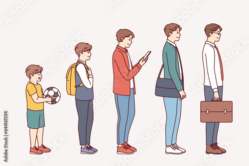Different stages of man life from toddler to mature office manager, for progression concept. Different generations of men stand in row in ascending order, getting education and making career