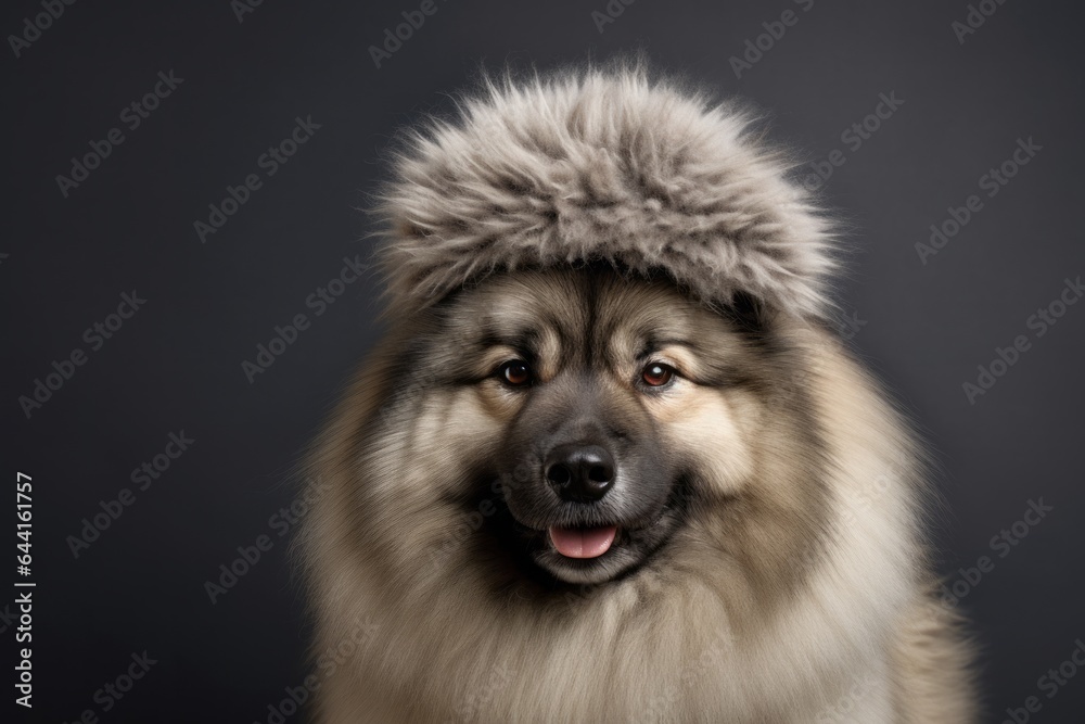 Lifestyle portrait photography of a funny keeshond wearing a winter hat against a minimalist or empty room background. With generative AI technology Lifestyle portrait photography of a funny keeshond wearing a winter hat against a minimalist or empty room background. With generative AI technology
