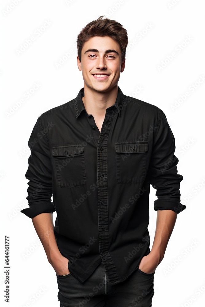 Fototapeta premium A captivating portrait featuring a male model elegantly clad in a black Bella Canvas tee. A young man proudly wearing a black shirt for your mockup needs. Template included.
