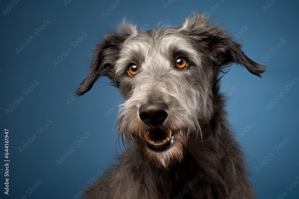 Lifestyle portrait photography of a smiling scottish deerhound wearing a paw protector against a minimalist or empty room background. With generative AI technology