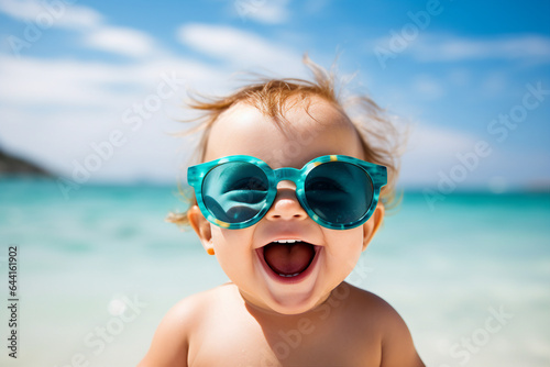 Photography of a cheerful positive kid having fun sunny day playing big eyeglasses generative AI