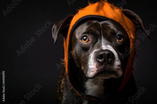 Close-up portrait photography of a cute staffordshire bull terrier wearing a halloween costume against a minimalist or empty room background. With generative AI technology