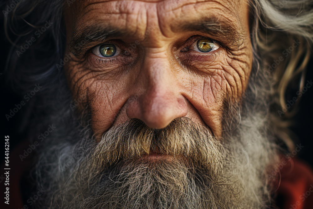 Close up picture of face old wise man with white beard homeless grandfather generative ai