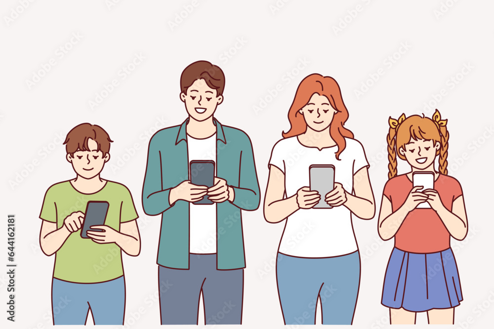 Enthusiastic family with mobile phones in hands stand in row and refuse real communication. Introverted family uses smartphones, for concept of digitalization of society and dependence on gadgets Enthusiastic family with mobile phones in hands stand in row and refuse real communication. Introverted family uses smartphones, for concept of digitalization of society and dependence on gadgets