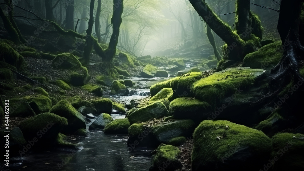 magic deep forest with moss and fog
