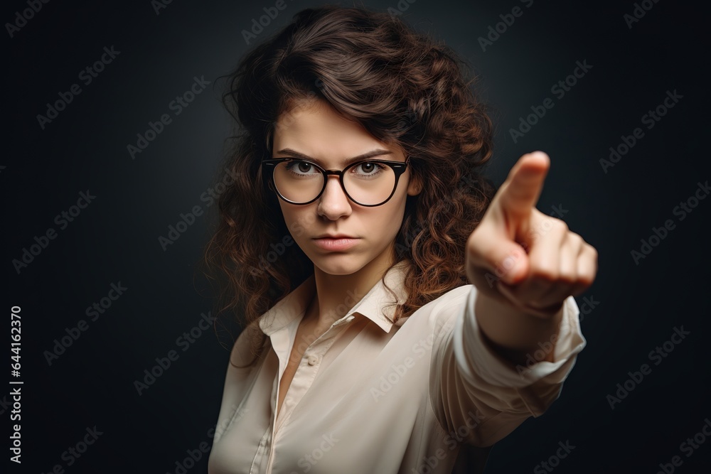 Serious woman wearing glasses pointing finger