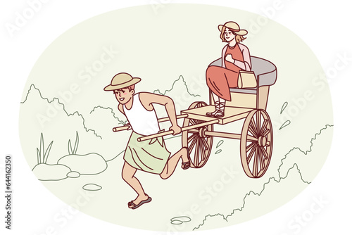 Man pulling rickshaw with woman sitting. Guy with wheeled cart riding female client outdoors. Vector illustration.