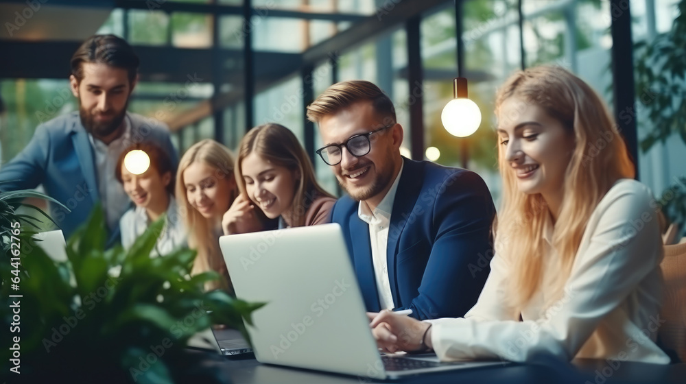 Smiling diverse business people using a laptop. Generative AI