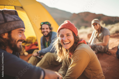 Group of backpackers sitting and resting while climbing to the Sedona canyon, surrounded by beautiful nature. Travel, backpacking and active lifestyle concept.  © Jasmina