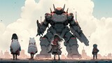 Anime girl with a giant mech robot warrior.  