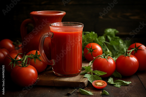 Tomato juice with tomatoes on wooden background photo