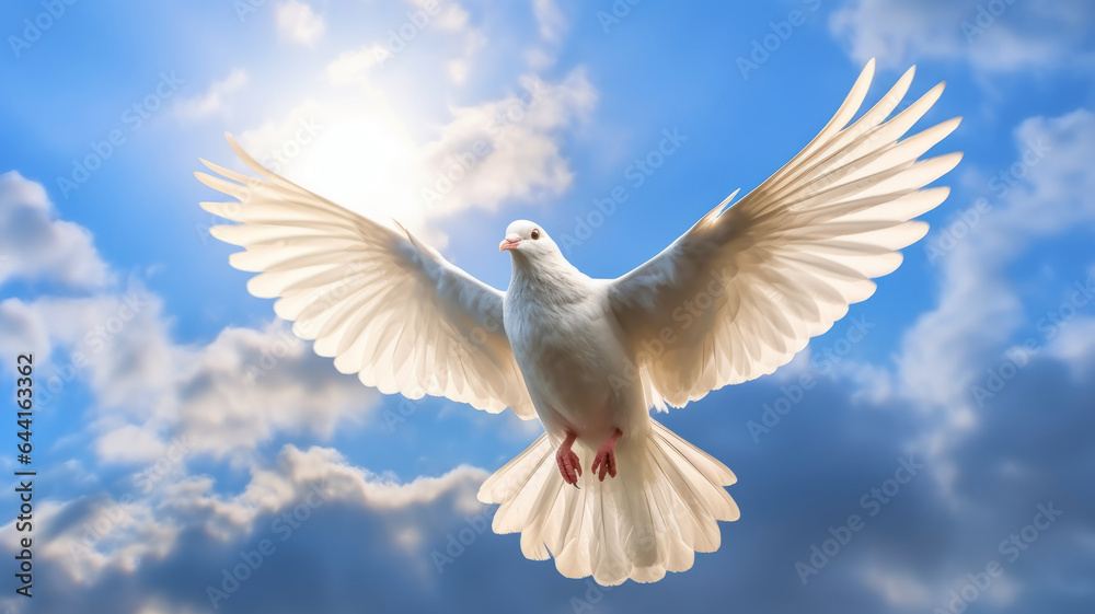 A white dove with wings wide open in the blue sky air with clouds.generative ai