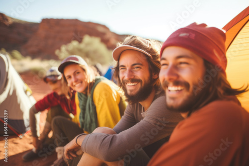 Group of backpackers sitting and resting while climbing to the Sedona canyon, surrounded by beautiful nature. Travel, backpacking and active lifestyle concept. 