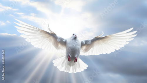 A white dove with wings wide open in the blue sky air with clouds.generative ai