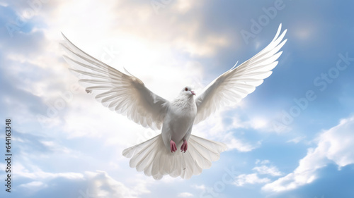A white dove with wings wide open in the blue sky air with clouds.generative ai