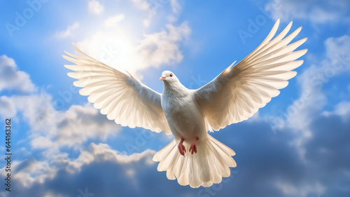 A white dove with wings wide open in the blue sky air with clouds.generative ai
