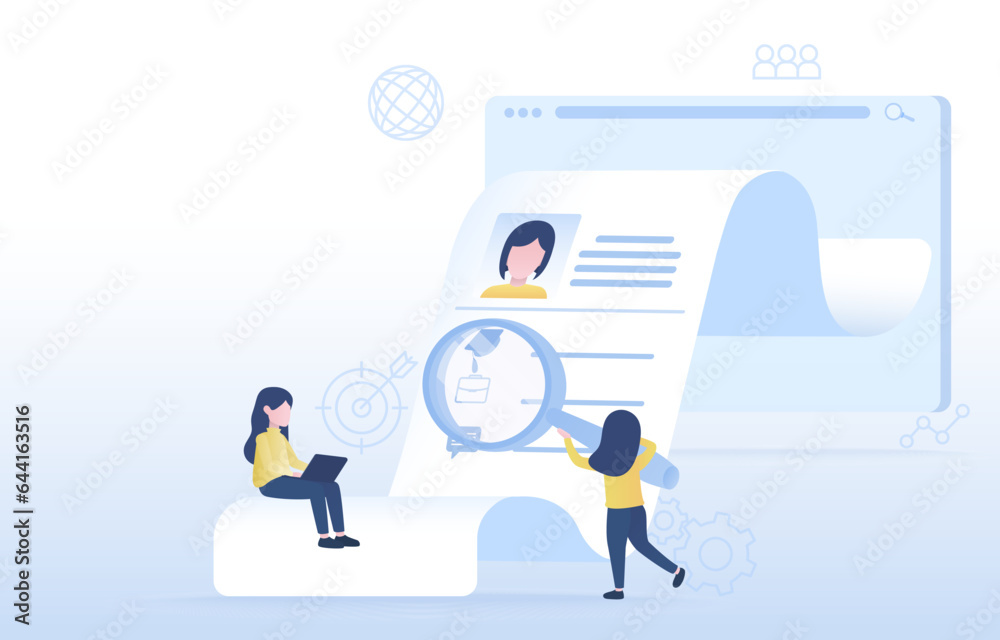 Job search concept. Choose employee from resume, CV (Curriculum vitae) and interview. Human resource recruitment, job position, opportunity finding, education. Flat vector illustration copy space. Job search concept. Choose employee from resume, CV (Curriculum vitae) and interview. Human resource recruitment, job position, opportunity finding, education. Flat vector illustration copy space.