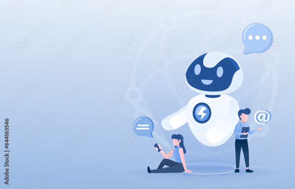 Online communication and artificial Intelligence (AI) technology concept. AI robot chat assistant, talking, learning, discussion, planning between AI robot and human with natural language. Online communication and artificial Intelligence (AI) technology concept. AI robot chat assistant, talking, learning, discussion, planning between AI robot and human with natural language.