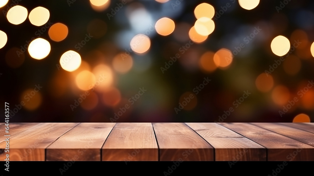 Empty wooden table and blurred bokeh copyspace background. Product display montage Empty wooden table and blurred bokeh copyspace background. Product display montage