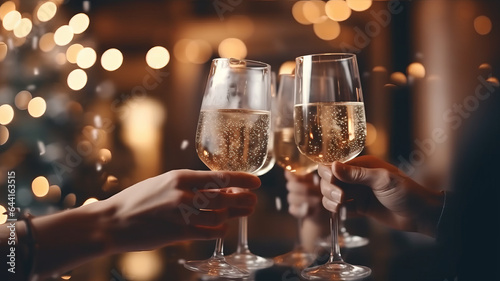 photograph of Cheers! Group of People holding glasses of champagne making a toast.generative ai