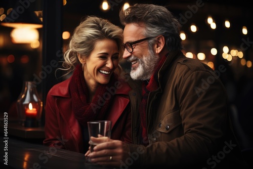 Happy and loving middle aged couple on romantic date in cafe. Wintertime. Xmas holiday. Time together. Valentine day.