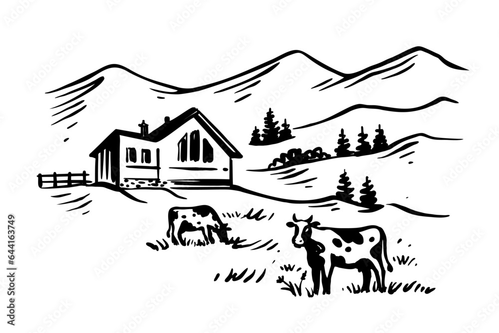 Cow with nature landscape vector ink hand drawn.
