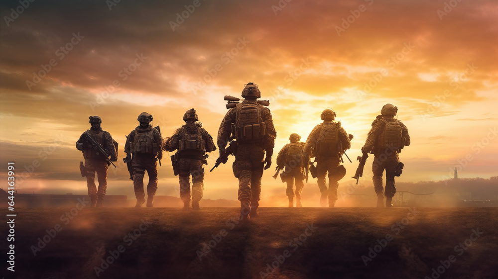 photograph of Team of Modern warfare soldiers moving forward.generative ai