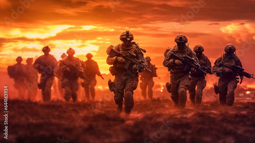 photograph of Team of Modern warfare soldiers moving forward.generative ai