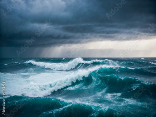 dark ocean storm with lgihting and waves at night. Ocean wave. Close-up view of huge ocean waves © Natallia