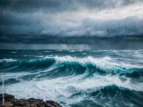 dark ocean storm with lgihting and waves at night. Ocean wave. Close-up view of huge ocean waves