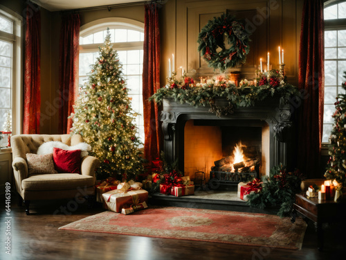 Christmas interior. Glowing fireplace, hearth, tree. Gifts and decorations