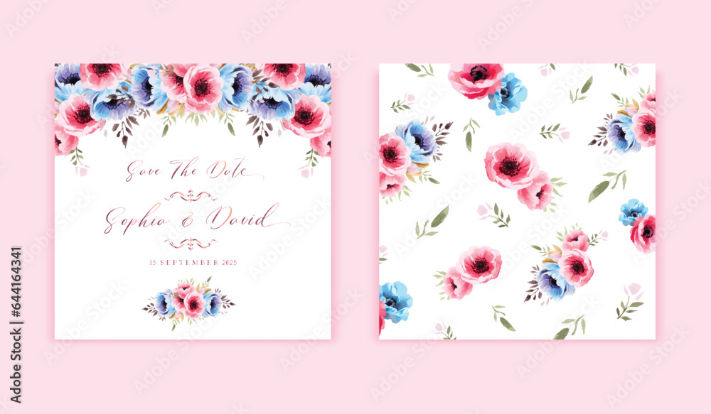Wedding floral square invitation card design with vintage watercolor pink and blue flowers wreath. vector