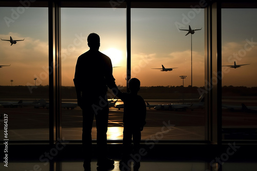 Silhouettes of a father and son standing by an expansive airport window.generative ai
