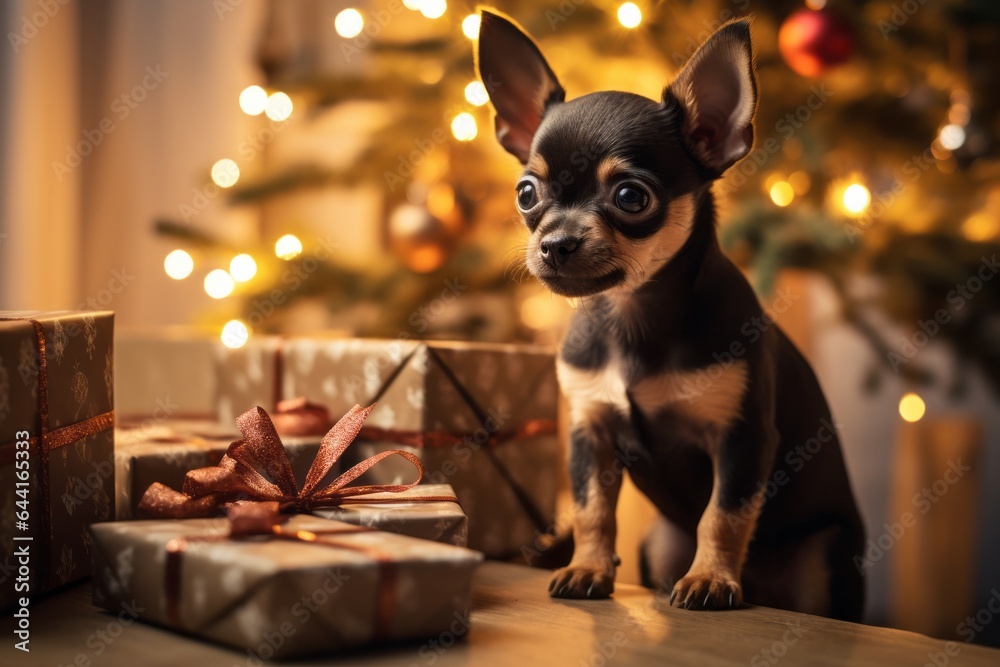 Photo of a dog sitting next to a beautifully decorated Christmas tree with presents underneath created with Generative AI technology
