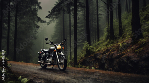 A cruiser motorcycle driving through a mountain road, pines in the background, foggy atmosphere, captured 