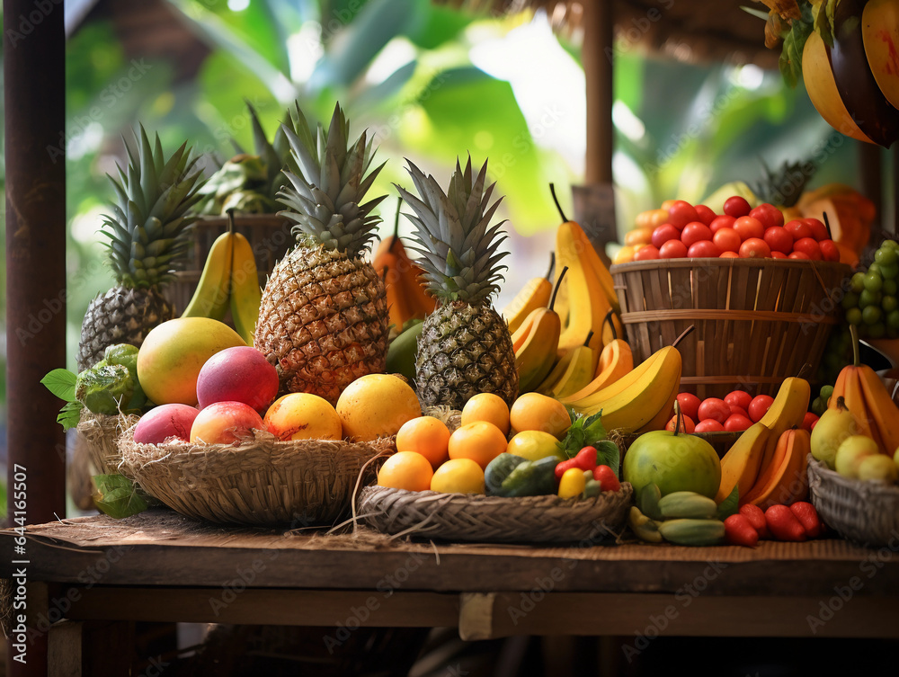 a vibrant tropical fruit stand in an exotic market, various fruits like mangos, pineapples, and papayas displayed, natural light