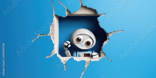 Cute robot toy peeking out of a hole in wall, torn hole, empty copy space frame, mockup. Generative AI image weber.