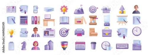 3D business vector icon, work office stationery kit, management calendar, laptop screen document. Reception workplace object collection, colleague avatar, person ID, startup project. Business icon set