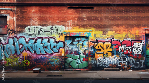 a graffiti - covered brick wall, vivid colors, layers of tags and street art, late afternoon sunlight, subtle shadows