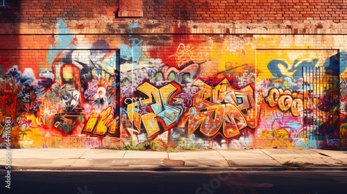 a graffiti - covered brick wall, vivid colors, layers of tags and street art, late afternoon sunlight, subtle shadows