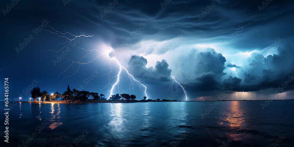 a tropical thunderstorm over the ocean, dark clouds, bolts of lightning illuminating the water, ominous mood