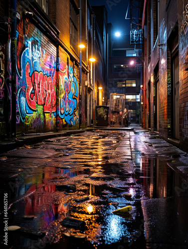 urban alleyway, graffiti tags from various artists, damp ground, neon reflections after rain