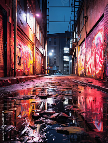 urban alleyway, graffiti tags from various artists, damp ground, neon reflections after rain