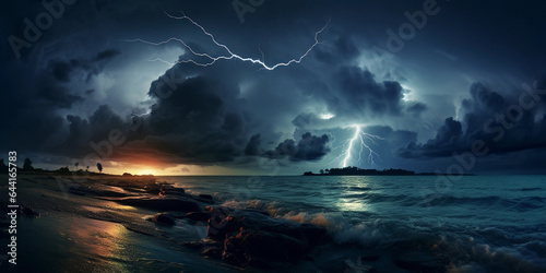 a tropical thunderstorm over the ocean, dark clouds, bolts of lightning illuminating the water, ominous mood